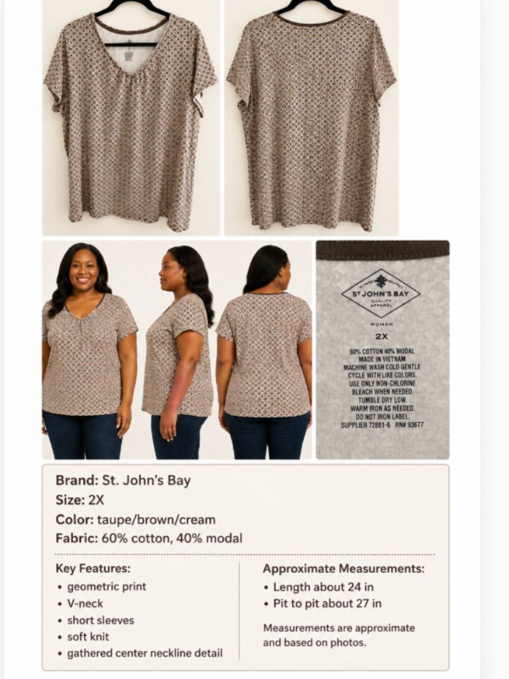 St. John’s Bay Women’s Plus 2X Brown Geometric Print V-Neck Top Stretch